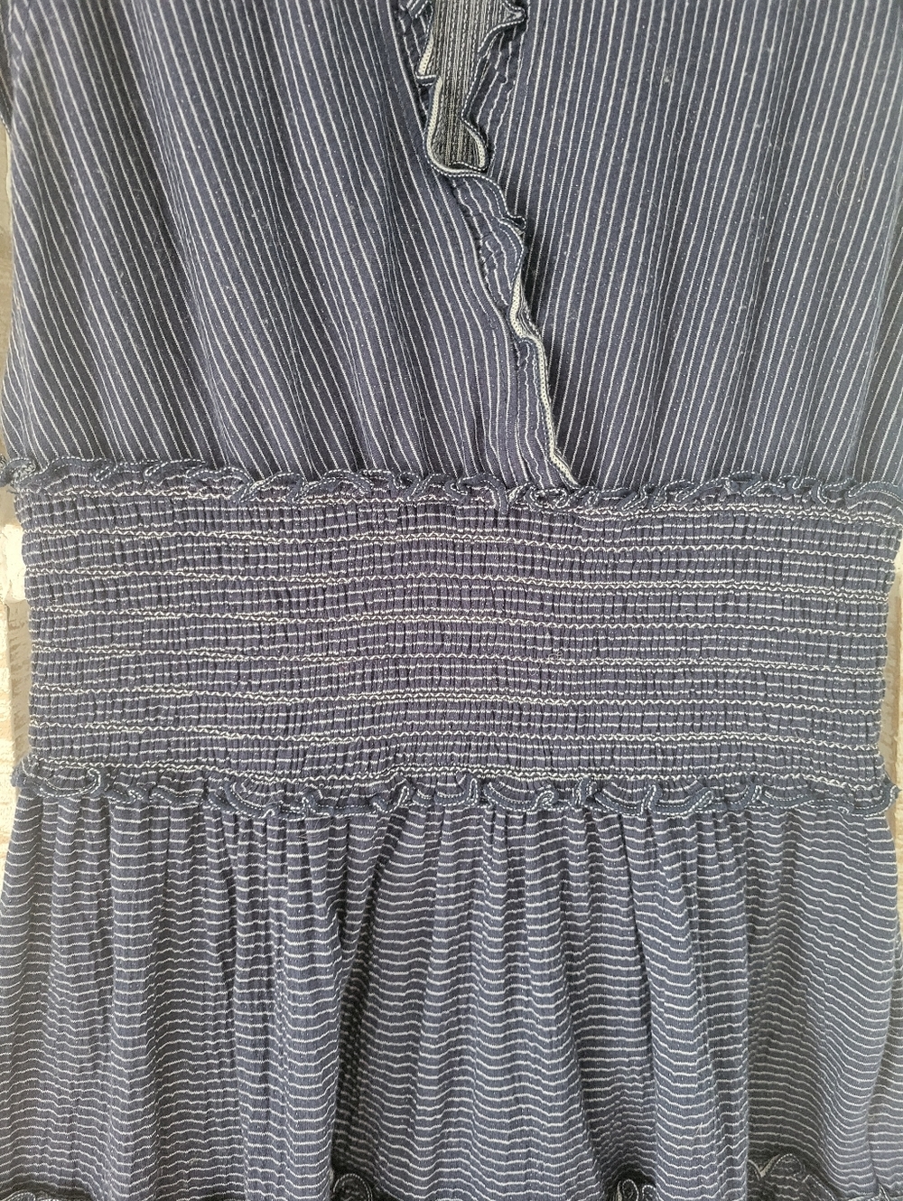 Max Studio Cotton Blend Pinstripe Ruffle Edge Vneck Dress Sz Xs - Picture 4 of 9